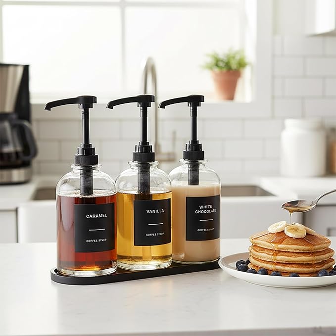 Coffee Syrup Dispenser for Coffee Bar, Glass Syrup Bottle with 1/4 oz Large Capacity Pump, Syrup Pump Dispenser with Pump for Coffee Station, Black with Tray,16.9oz, Set of 3