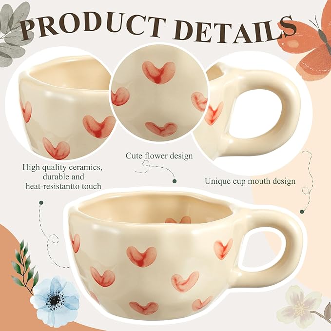 Vesici 2 Pcs Ceramic Coffee Mugs with Spoon, Vintage Floral Spring Mugs with Handle, 8.5 oz Aesthetic Flower Porcelain Tea Cup Set, Dishwasher & Microwave Safe Mothers Day Gifts for Mom(Heart,Rose)