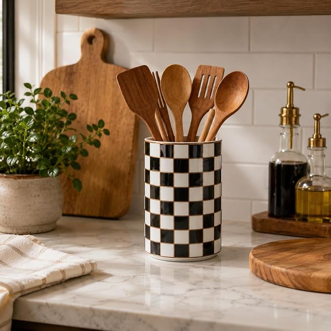 Checkered Kitchen Utensil Holder,Black And White Ceramic Cooking Utensil Holder Modern Utensil Crocks for Kitchen Counter,Housewarming Gift, Farmhouse Kitchen Decor and Accessories (Black)