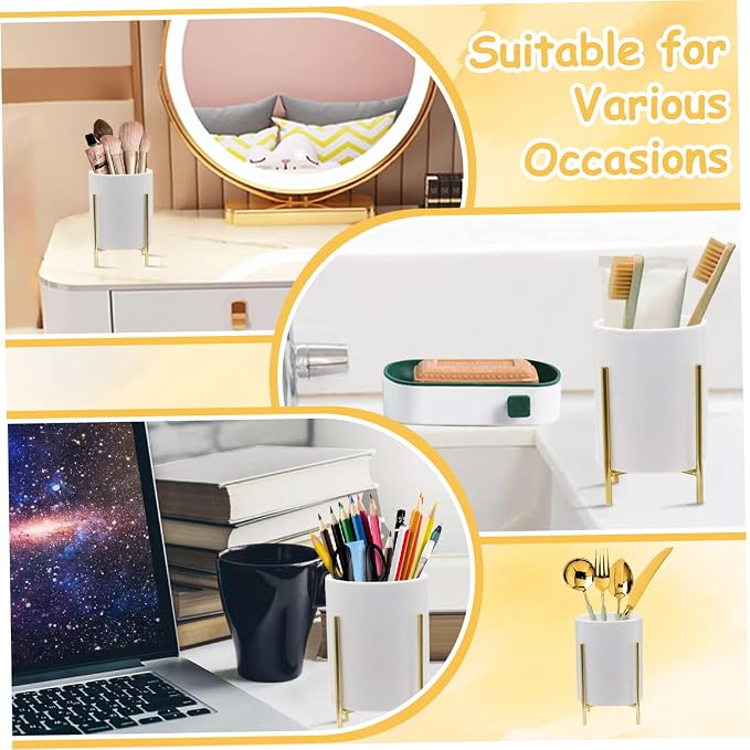 Ceramic Utensil Holder with Metal Frame 3.6x4.3, Countertop Kitchen Utensil Caddy for Spoon Fork Cutlery Storage, Tabletop Organizer Vase, Gold