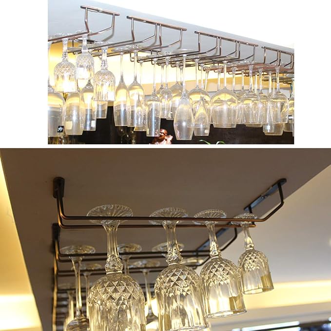 Stemware Wine Glass Hanging Rack Under Cabinet Kitchen Bar Storage Wine Glass Rack Holds up to 8-10 Wine Glass, 13.4 Inch 2 Rows, Bronze