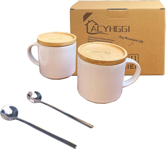14 oz Ceramic Coffee Mug Set of 2 with Solid Wood Lids & Spoons – Stackable White Mugs, Microwave/Dishwasher Safe, Heat Resistant – Ideal Housewarming Wedding Gift for Women Men