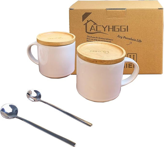 14 oz Ceramic Coffee Mug Set of 2 with Solid Wood Lids & Spoons – Stackable White Mugs, Microwave/Dishwasher Safe, Heat Resistant – Ideal Housewarming Wedding Gift for Women Men