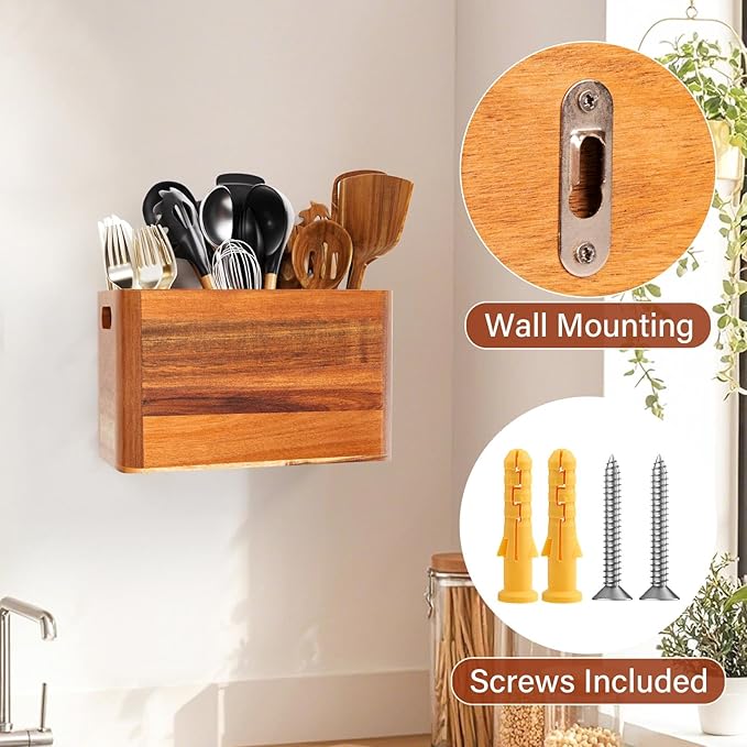 Wooden Utensil Holder for Kitchen Counter or Wall, Large Utensil Holder with 3 Compartment, Acacia Wood Kitchen Utensil Organizer for Storage Spoons & Spatulas, Fall Farmhouse Utensil Crock Container