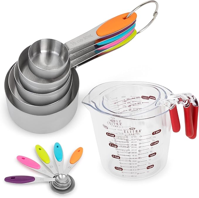 Elitra Home Complete Measuring Set, 13-Pack Stainless Steel Cups, Spoons, Plastic Measuring Pitchers with Spout - Engraved Measurements, Non-Slip Handles - Cooking & Baking Essentials