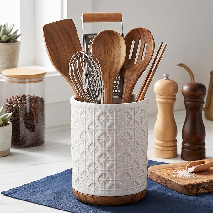 Boho Kitchen Decor Ceramic Utensil Holder with Wooden Base, Checkered Utensils Holder for Farmhouse Indoor Decorations, Utensil Crock for Kitchen Counter Utensil Organizer for Spatula & Spoon