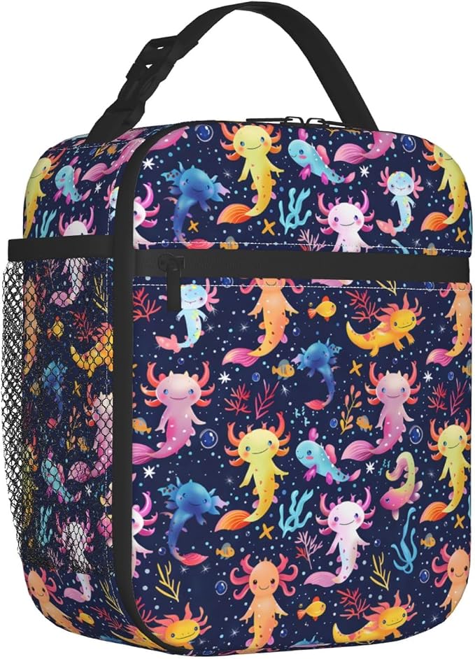 Reusable Axolotl Lunch Box for Kids Girls Boys Women Adult, Insulated Coral Reef Lunch Bag,Polyester Cooler Cute Handbags Case for School Picnic Work Travel Beach or Hiking (Dark Blue)