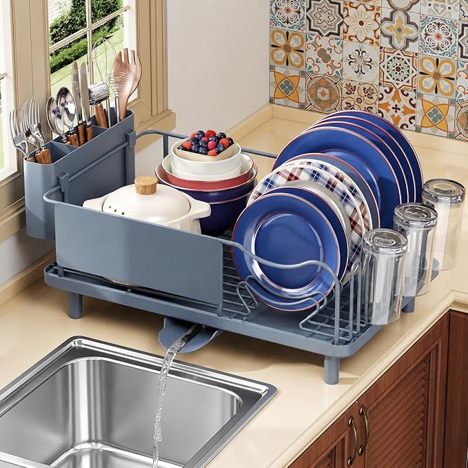 Dish Drying Rack Large Capacity - Stainless Steel Dish Rack for Kitchen Counter with Drain Board, Rustproof Dish Drainer with Auto Drain Spout, Utensil Holder & Glass Holder, Dinnerware Organizer