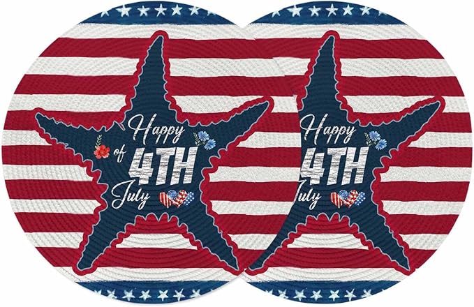 4th of July Round Placemats Set of 2 Happy 4th of July Place Mats Independence Day Woven Placemat Red White Blue Starfish Star Stripes Circle Braided Table Mat for Kitchen Dining Table Party 15 Inch