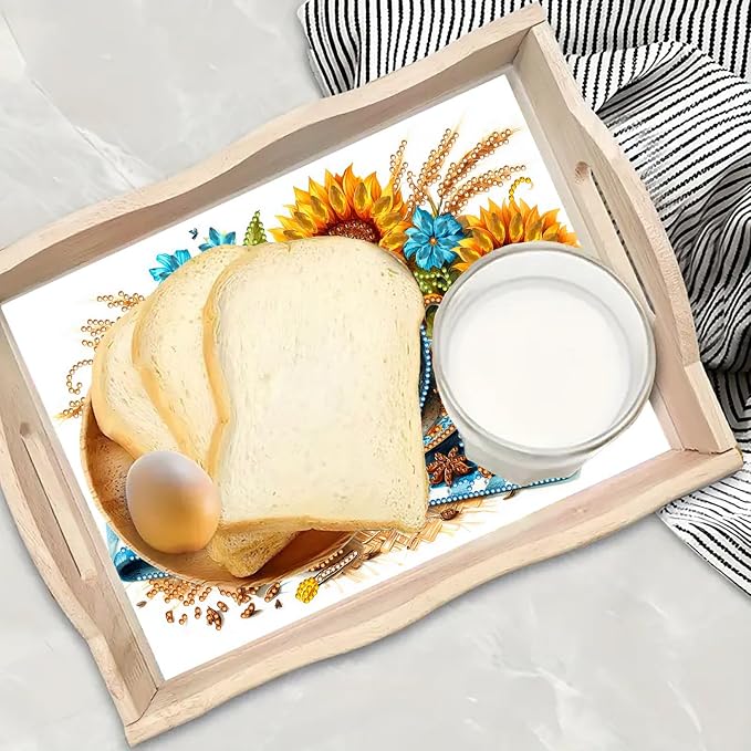 BAYUNOE DIY Diamond Serving Tray Christmas Rectangular Breakfast Tray with Handle Handmade Diamond Art Painting Wooden Tray for Dinner Plate Coffee Room Living Home Organizer-Afternoon Tea