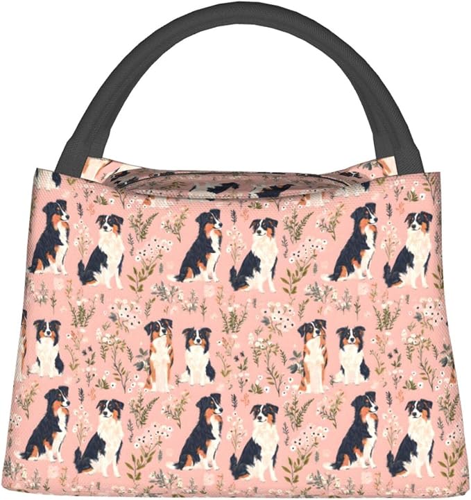 Australian Shepherd Insulated Lunch Box for Girls Pet Lovers,Reusable Tote Bag with Cute Dog and Floral Pink,Portable Lunchbox Handbag,Makeup Bags Organizer Gifts for Work Office,11x6.3x6.7in