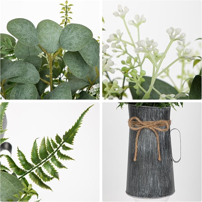Lifelike Artificial Eucalyptus Plant in Rustic Metal Vase – 17.7" Realistic Faux Greenery for Farmhouse Home Décor, Living Room, Kitchen, Office, Weddings & Table Centerpieces