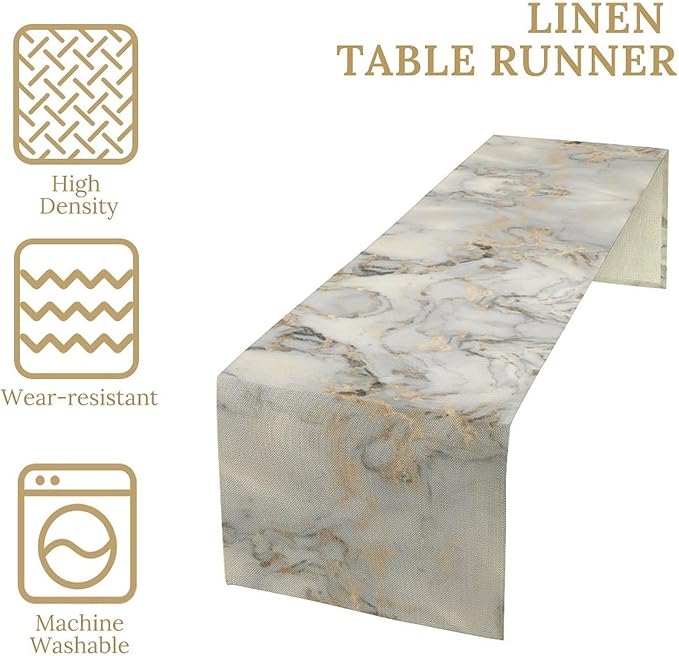 Marble Table Runner, White Grey and Gold Modern Luxury Texture Printed Linen Table Runners for Home Farmhouse Kitchen Dining Room Party Holiday Decor 13" W x 60" L
