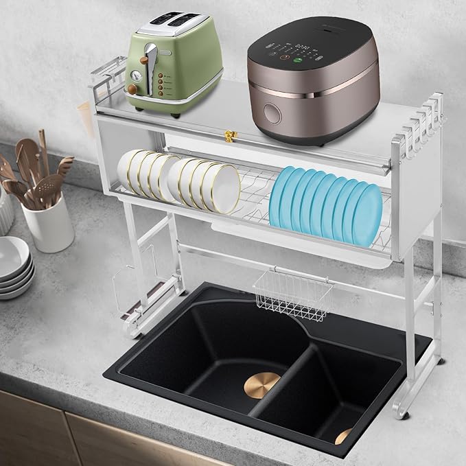 Over Sink Dish Drying Rack, 304 Stainless Steel Drying Drainer Rack with Flip Cabinet Door, Multifunctional Kitchen Storage Dish Rack for Plates, Bowls, Cups