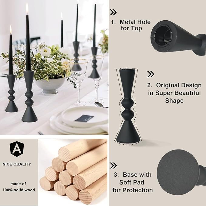 Candle Holder Black Candlestick Holders,Taper Candle Holders Set of 2- Candle Sticks Holder Decor for Home,Small Modern Wood Candle Stick Candle Holder for Candlesticks（7.5"/6" H）