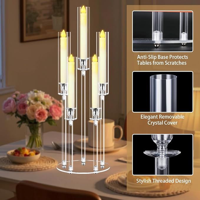 5 Arms Acrylic Candelabra Centerpieces for Tables, 27" Clear Candle Holder for Wedding Dinner Party and Home Decor,Candlesticks Holder with LED Candles