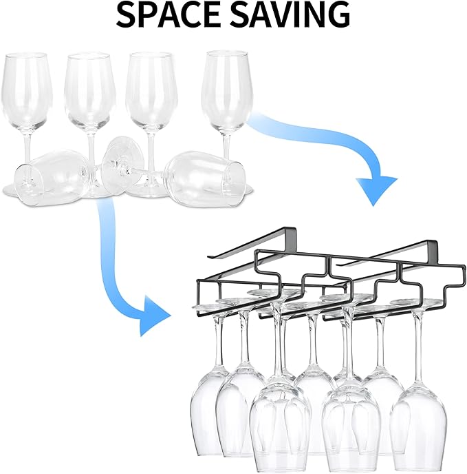 Wine Glass Rack Under Cabinet Drilling Free No Screw Steamware Holder Under Shelf Metal Wine Glasses Holders 304 Stainless Steel Hanger Storage Organizer Hanging Glass Fit for Bar Kitchen 3 Rows Black