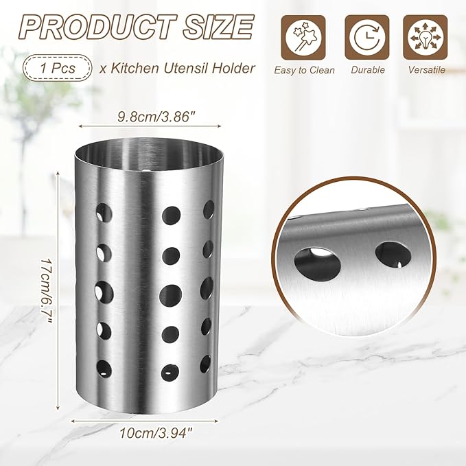 uxcell Kitchen Utensil Holder, 3.9x6.7 Stainless Steel Utensil Cutlery Holder Round Flatware Organizer with Drain Hole for Kitchen Restaurant Countertop Straw, Spoon, Chopstick, Silver