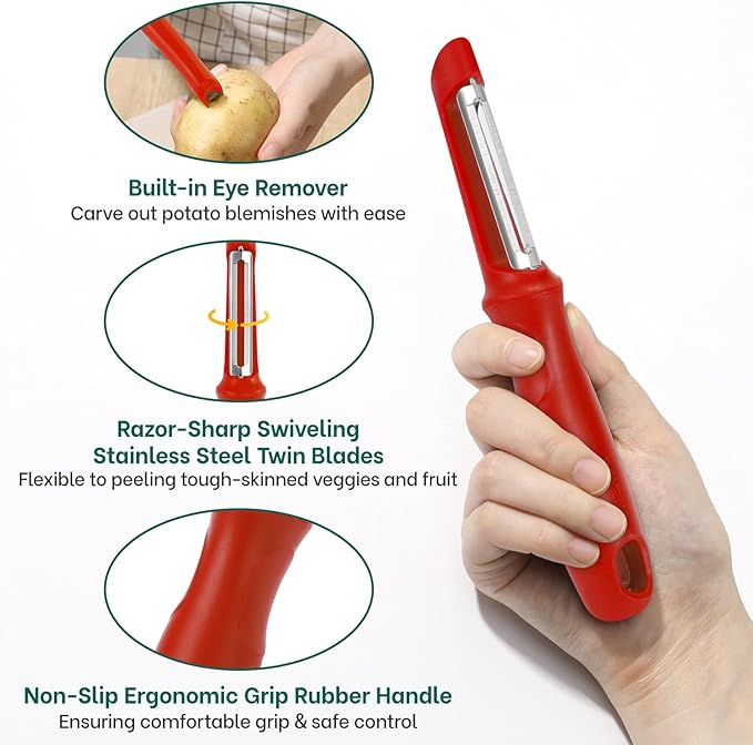 Beneno Swivel Vegetable Peeler, Razor-Sharp Smooth Peeling Potato Peelers with Stainless Steel Blades, Ergonomic Comfort Non-Slip Rubber Handle, Kitchen Peelers with Potato Eye Remover (2, Red)