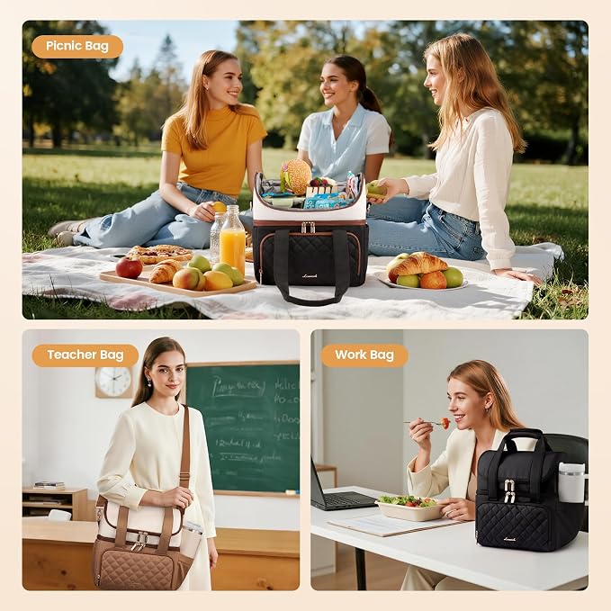 LOVEVOOK Insulated Lunch Bag For Women,X Large Double Deck Adult Lunch Box,Teacher Lunch Tote Bag With Cup Holder,Leakproof Cooler Bag With Adjustable Shoulder Strap For Work Picnic Beach,Larger 24L