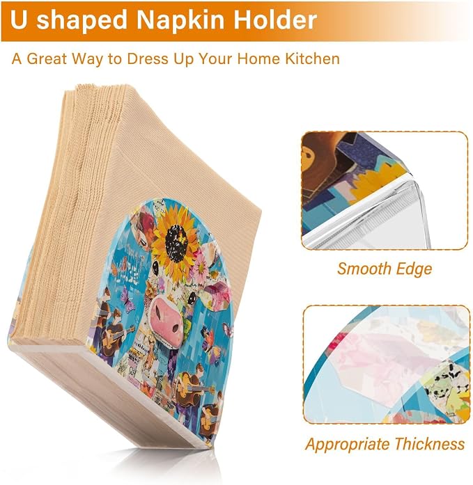 Fustylead Cute Cow with Sunflower Butterfly Napkin Holder for Table Acrylic Vertical Napkin Holders for Paper Napkins Decor Napkin Dispenser for Home Party Dining Cocktail Kitchen Accessories, 2 Pack