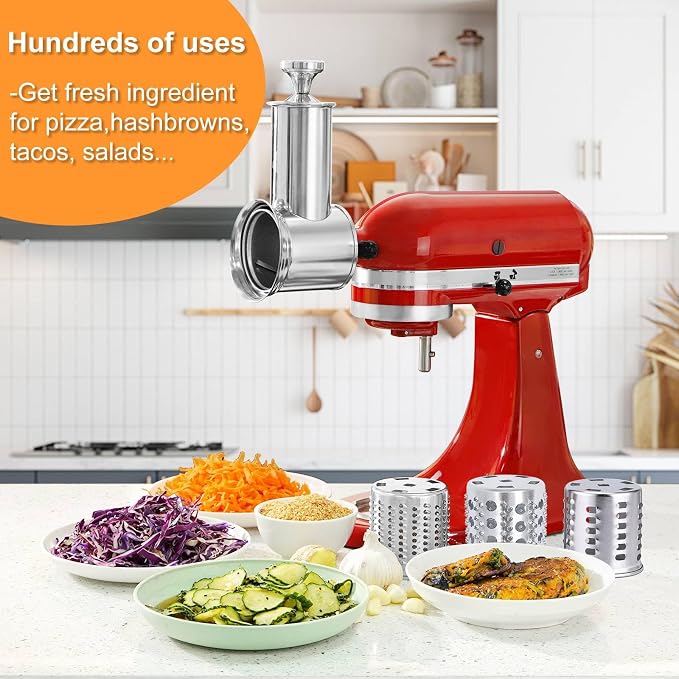 Large Stainless Steel Slicer Shredder Attachment for KitchenAid Mixers,Dishwasher Safe Vegetable Cheese Grater Accessories with 4 Cutting Blades by KINGEAGLE