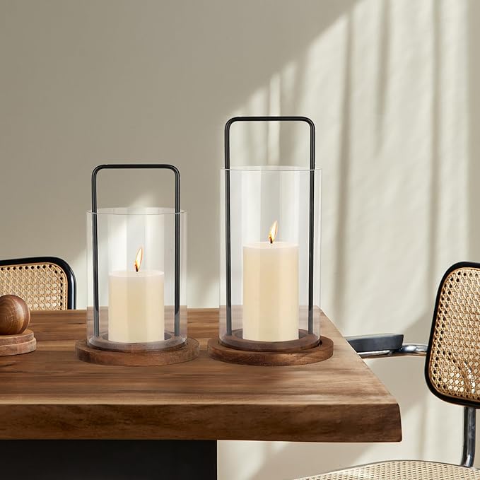 Glass Hurricane Candle Holder with Metal Handle and Wooden Base, Modern Home Decor, Set of 2 for Indoor Use, Medium 5.9" x 7.5" & 5.9" x 9.48"