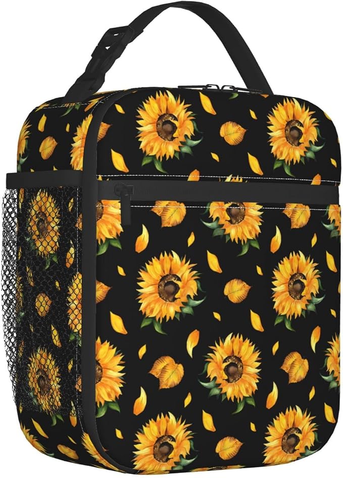 Black Floral Sunflower Lunch Box Insulated Flower Lunch Bag for Women Men Reusable Portable Leakproof Lunchbox Tote Cooler Thermal Bag for Office Work Picnic Travel