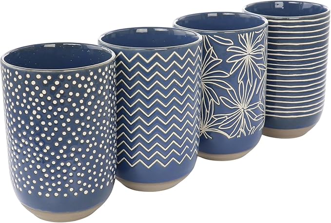 Laurie Gates Madrina 4-Piece 19 oz Stoneware Mug Set – Mint Green Ceramic Coffee Mugs with Assorted Wax Relief Designs, Microwave & Dishwasher Safe Tea Cups for Hot Beverages (Blue)