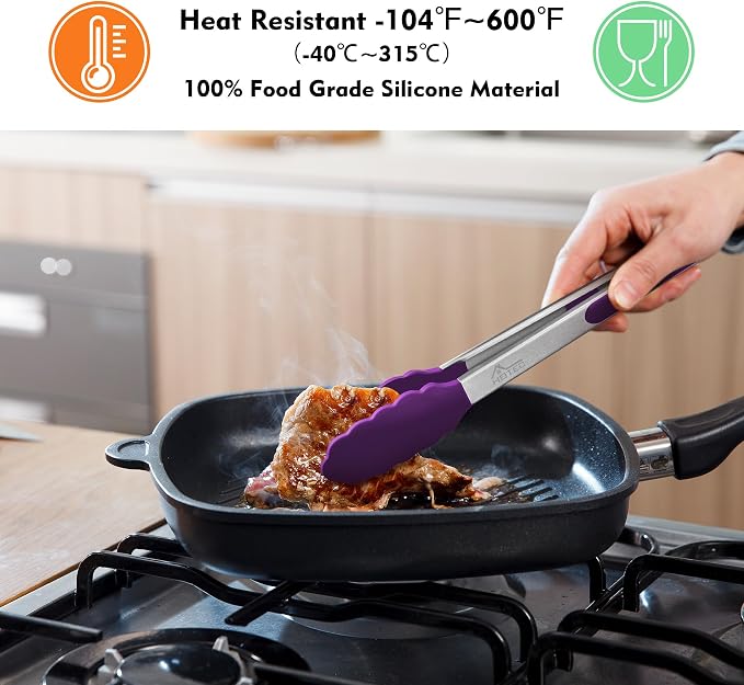 HOTEC Premium Stainless Steel Locking Kitchen Tongs with Silicon Tips, Set of 3-7", 9" and 12" (Purple)