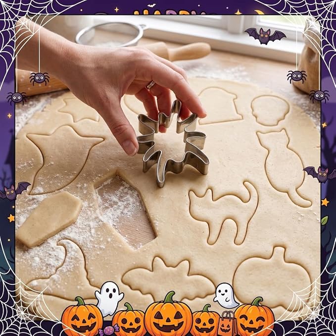 Halloween Cookie Cutters Set, HUINF 12Pcs Stainless Steel Cookie Cutters - Bat, Ghost, Pumpkin, Cat, Spider, Spider Web, Coffin, Witch's Hat, Skull, Tombstone Shapes for Halloween Baking