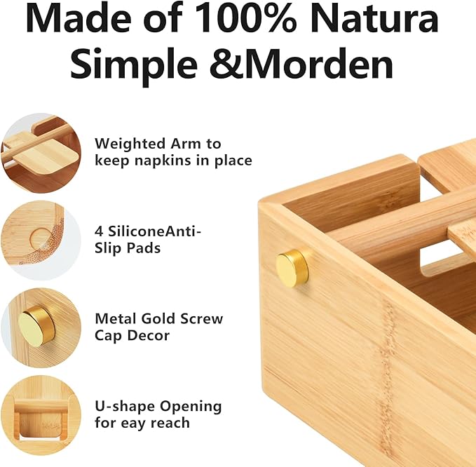 Natural Bamboo Napkin Holder for Table, Napkin Dispenser, Decorative Beverage Napkin Holder for Kitchen, Home,Bar (Natural)