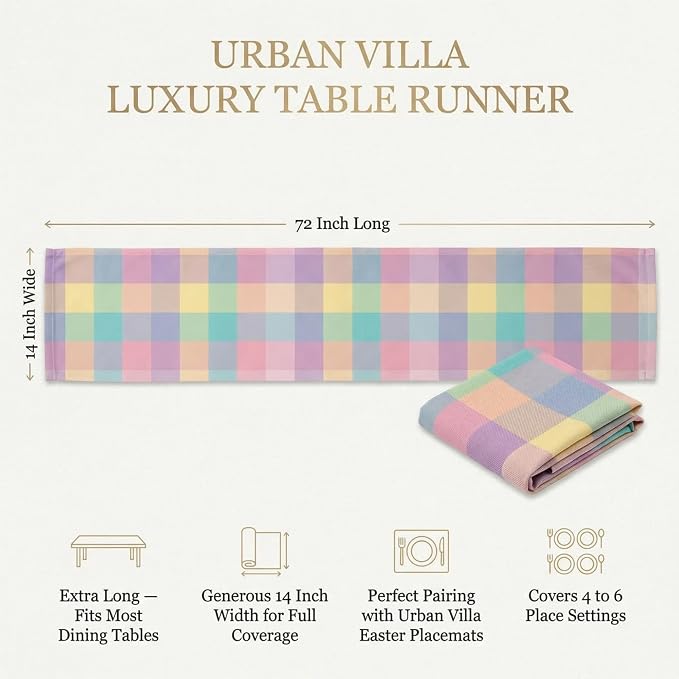 Urban Villa Easter Checks 100% Cotton Fused Table Runner, 14" x 72" Inches, Checkered/Plaid Pattern, Heavy Duty, Machine Washable, Eco-Friendly, Food Safe