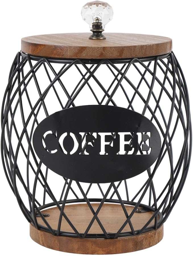 Large Capacity Coffee Capsule Organizer K Cup Storage Holder with Lid, Iron Wire Basket Wood Base for Kitchen Cafe Bar Coffee Bar Accessories BLACK