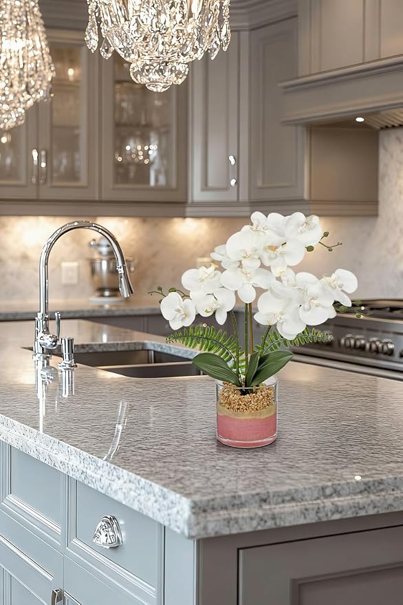 Oairse White Orchids Artificial Flowers with Vase Faux Orchids Plant in Pot | 17.7" Phalaenopsis Orchid Flower Arrangements White Centerpiece for Kitchen Dining Room Table Bathroom Shelf Desk Decor