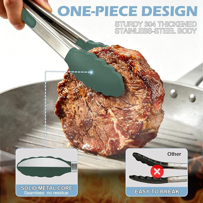 TACGEA Stainless Steel Kitchen Tongs with Silicone Tips, Locking Grilling Food Tongs, 9" and 12", Set of 2 Dark Green