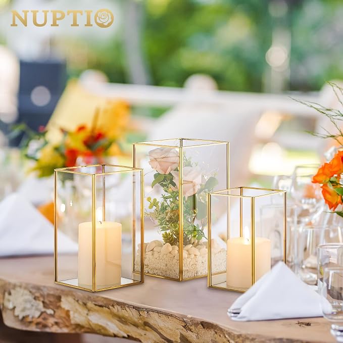 Nuptio Glass Hurricane Candle Holder Set of 6 Gold Pillar Candle Holders Large Rectangular Candleholder Table Centerpieces Decoration for Wedding Party Thanksgiving Ornaments 9.5 & 8.1 & 6.5 inch