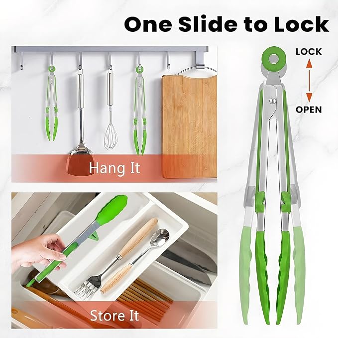 Kitchen Tongs Set of 2 (9” & 12”) – Stainless Steel & Silicone Cooking Tongs with Built-in Stand & Dishwasher Safe – Heat Resistant up to 600°F – Perfect for Grilling, BBQ, Salad & Frying