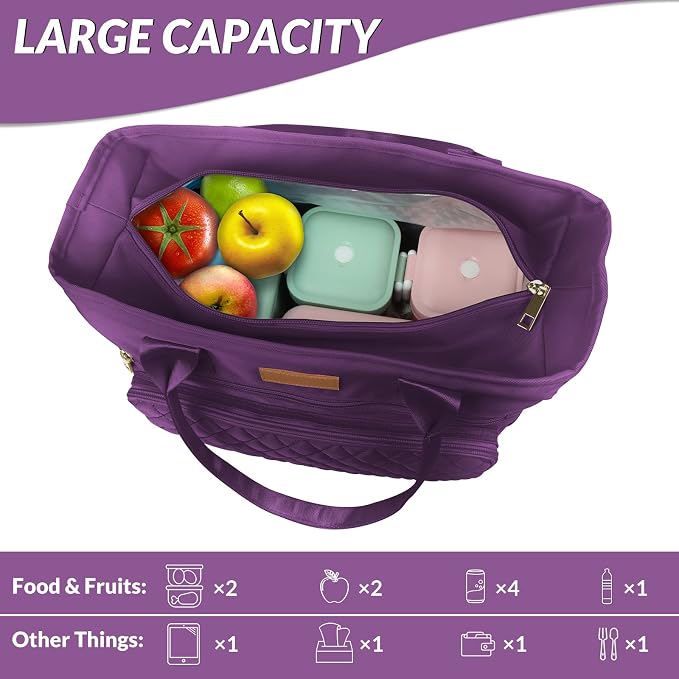 Large Women Lunch tote Bags for Work Insulated/Insulated Adult Lunch Box for Women/Nylon Thermal cooler Bag Leakproof Cooler Tote Bag with Storage Pocket (lumina purple)