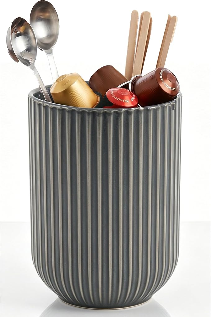 5.1" Reactive Glaze Coffee Station Organizer - Modern Ceramic Coffee Bar Accessory Holder - Small Crock for Coffee Spoons, Stirrers & Tea Tools with Non-Slip Base