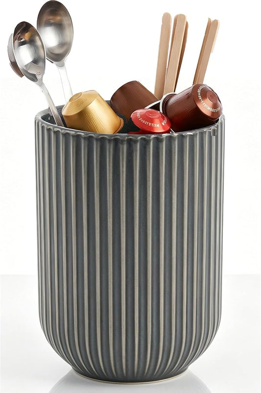 5.1" Reactive Glaze Coffee Station Organizer - Modern Ceramic Coffee Bar Accessory Holder - Small Crock for Coffee Spoons, Stirrers & Tea Tools with Non-Slip Base