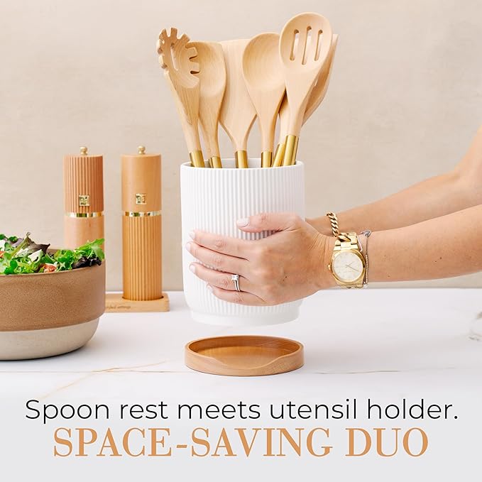 STYLED SETTINGS White Ceramic Utensil Holder with Built-In Wooden Spoon Rest –2PC Set for Kitchen Countertop Organization – Ceramic Utensil Crock & Wood Spoon Rest for Clean, Stylish Cooking