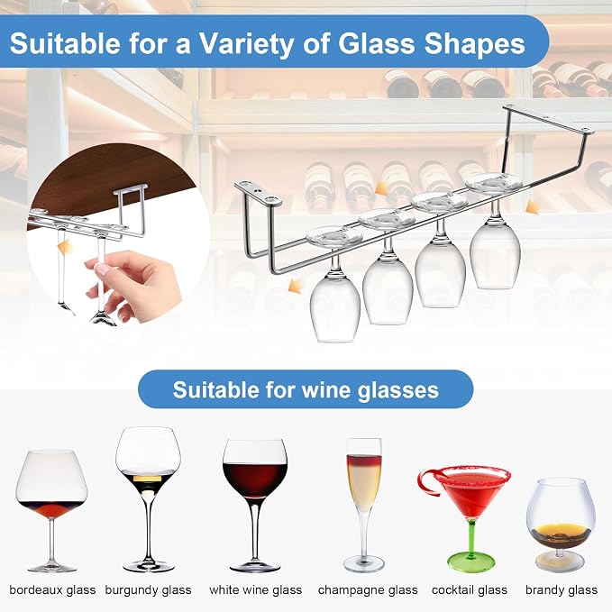 5-Pack Silver Stainless Steel Wine Glass Rack – 13.3” Under Cabinet Stemware Holder for Kitchen, Bar – Durable & Space-Saving Hanging Organizer