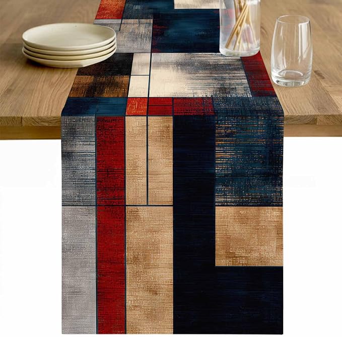 Vintage Geometric Table Runner - 120 Inch Long Modern Abstract Aesthetics Cotton and Linen Blended Dress Scarves Farmhouse Table Runner for Kitchen Dining, Coffee Table, 13" x 120"