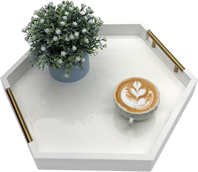 Serving Tray with Polished Metal Handles, Hexagon Coffee Table Tray, Modern Rectangle Decorative Tray, Large Ottoman Tray, Perfect for Storage and Display (White Hexagon)