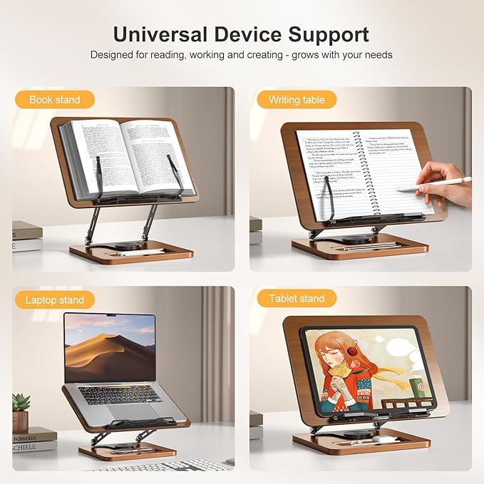 OPTIXCELL Book Stand for Reading, 360° Rotating Hands Free Book Holder, Adjustable Height and Angle, Page Clip for Cookbook, Recipe, Magazine, Laptop,Tablet, Foldable for Kitchen, Office, School