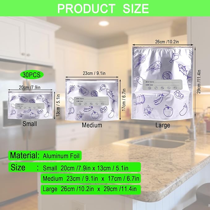 Reusable Aluminum Foil Storage Bags, 30 Count - Thick, Leak-Proof Stand-Up Bags with Resealable Zipper for Food Storage & Organization | Freezer, Pantry & Meal Prep (Small)