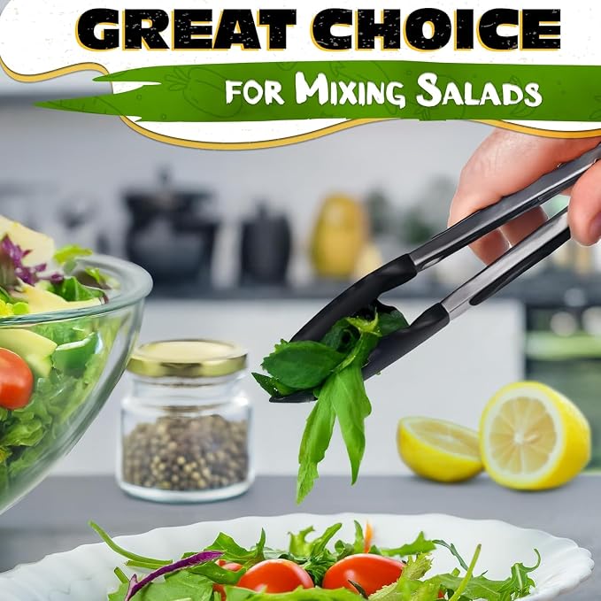 Kitchen Tongs Set of 3 — 7", 9", 12" Silicone Tongs for Cooking, Stainless Steel Build with Silicone Tips, Non-Stick Pan Safe, Easy-Lock Handle — Salad, Grilling, BBQ, Pasta, Frying, Steak, Serving