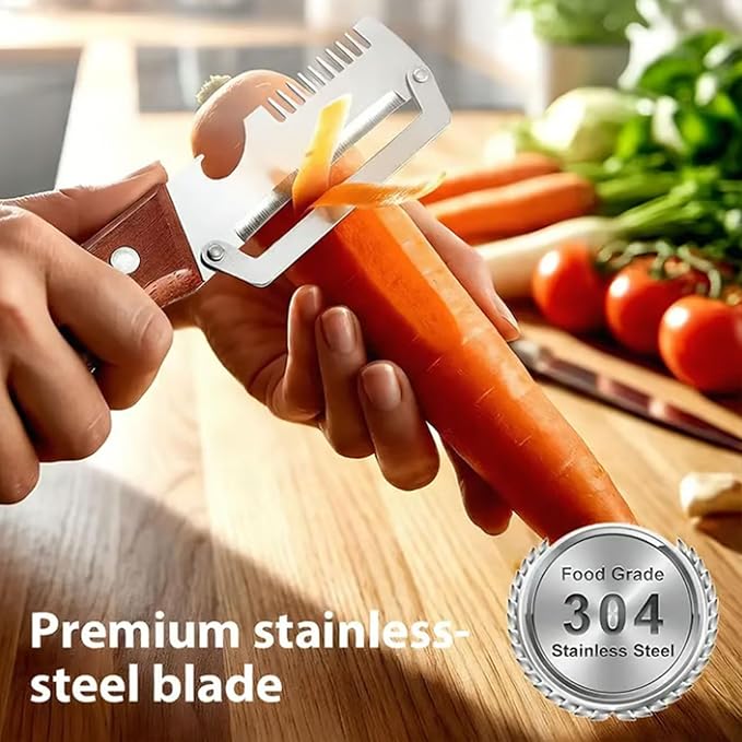 3 in 1 Premium Heavy Duty Stainless Steel Peeler - 2026 New 0 Snag Wooden Peeler for Kitchen - Multifunctional Vegetable Peeler with Bottle Opener & Serrated Blade - Fruit & Potato Peeling Tool (A*2)