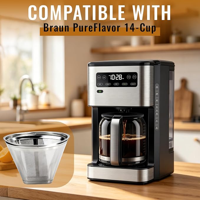 Coffee Filter Compatible with Braun PureFlavor Coffee Maker, Permanent Stainless Cone Filter for Braun PureFlavor 14 Cup